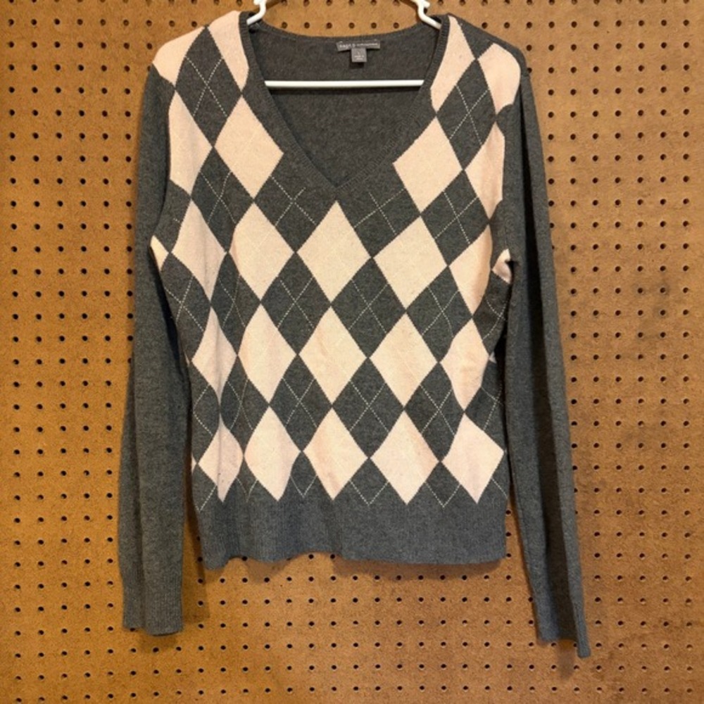 Apt‎ 9 100% Cashmere Argyle V-Neck Sweater Gray Pink Large Preppy Academia